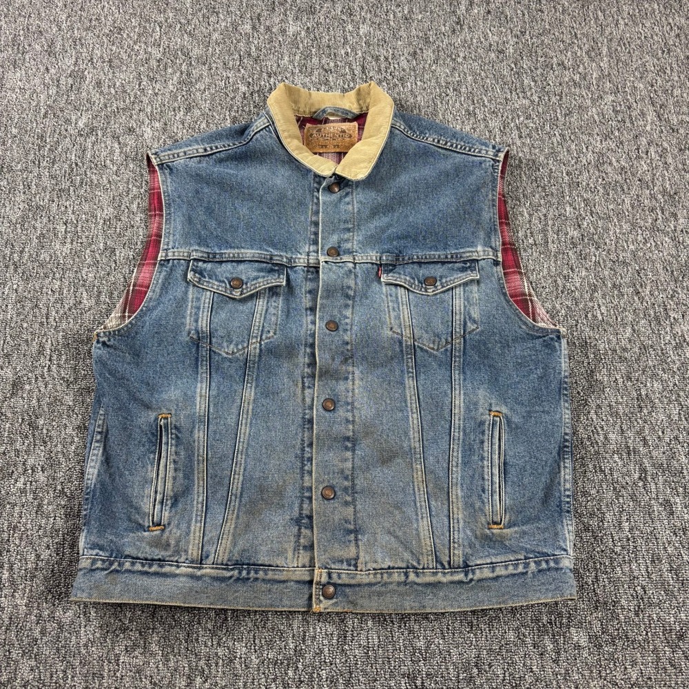 Levis Authentic Denim Vest XL Y2K Vintage Trucker Flannel Lined Corduroy Collar